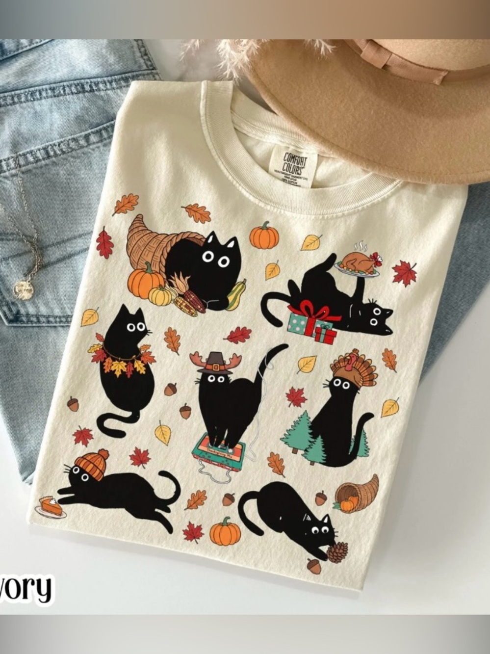 Comfort Colors Thanksgiving Cat Autumn Graphic Tee Retro Black Cat Cozy Season